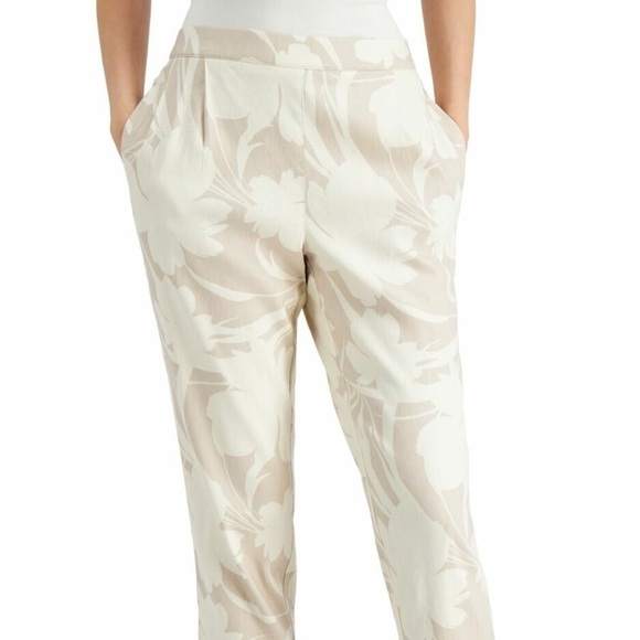 NWT Cream & Tan Alfani Front Pleated Cropped Linen Floral Print Pants - Picture 1 of 7